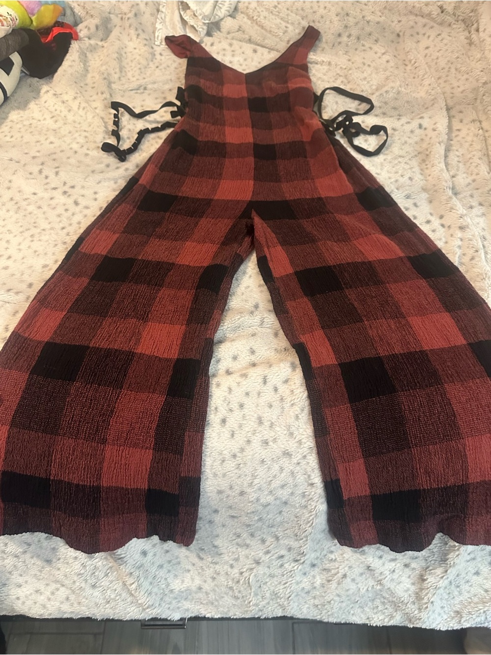 Anthropologie Maroon and Black Plaid Wide-Leg Jumpsuit